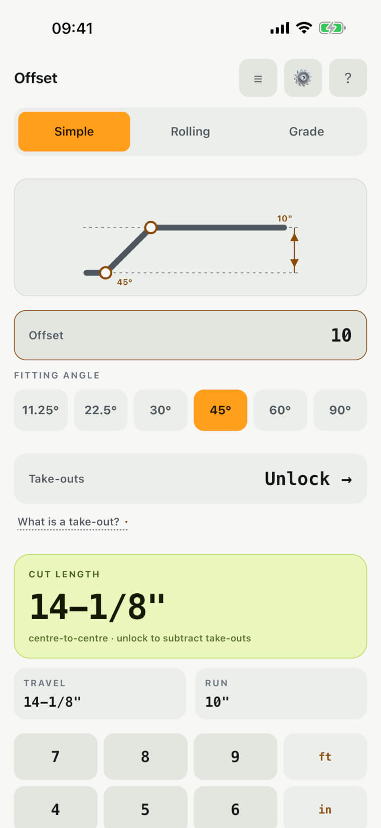 Spoolset on an iPhone: a 10 inch offset at 45 degrees, drawn to scale between two fittings, reading a cut length of 14-1/8 inches centre to centre.