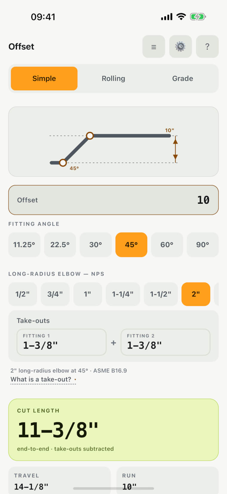 The same offset with take-outs subtracted: a 2 inch long-radius elbow at 45 degrees gives 1-3/8 inches at each end from the ASME B16.9 table, for an end-to-end cut length of 11-3/8 inches.